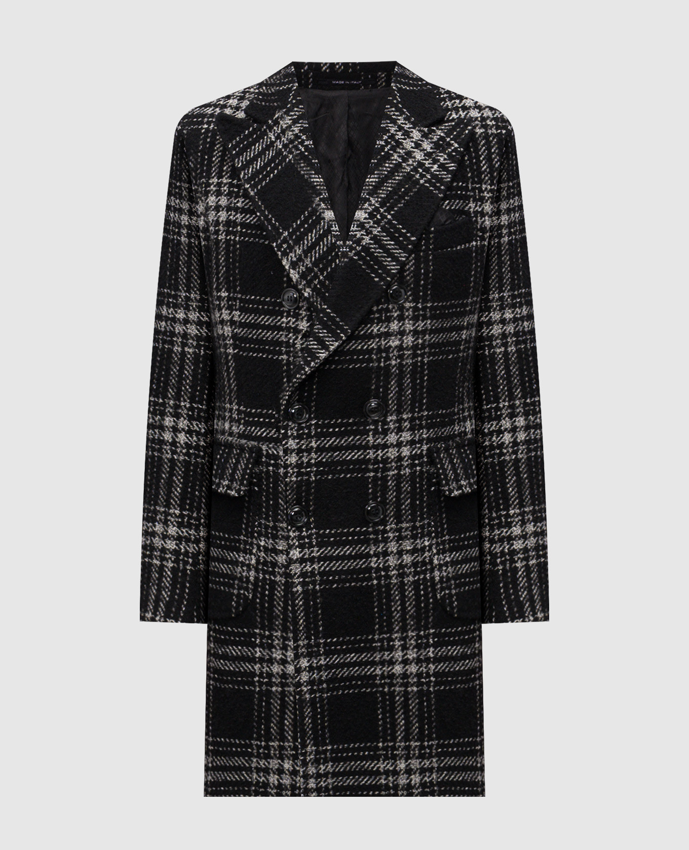 Black double-breasted coat with checked wool Exibit
Black double-breasted coat with checked wool Exibit
