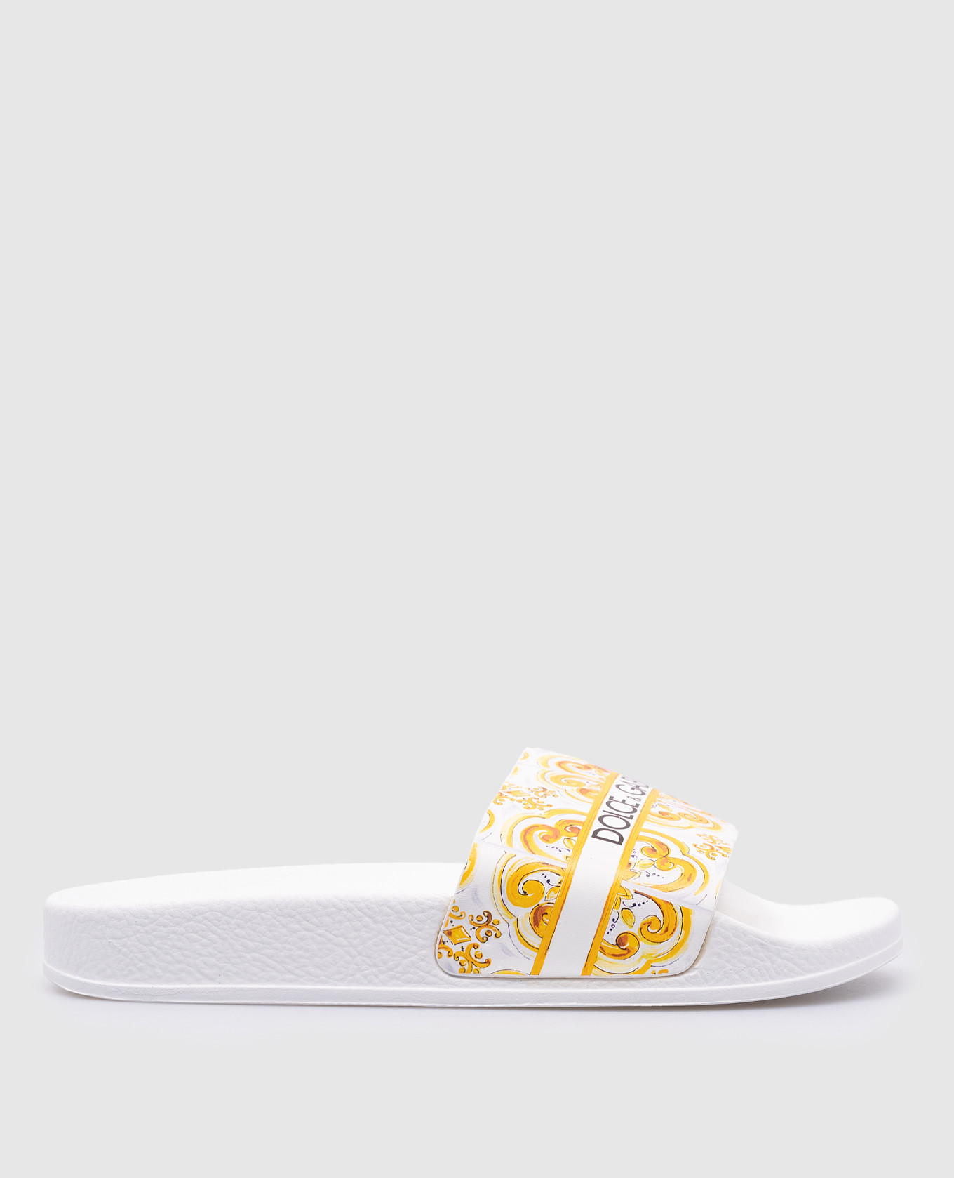 Children's white leather flip flops with logo and majolica print dolce&gabbana