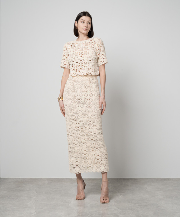 Jupe mi-longue, dentelle et macramé, blanc