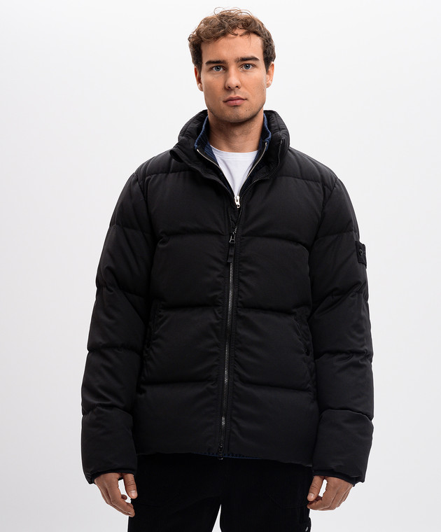 Stone Island - Black wool down jacket with removable logo patch
