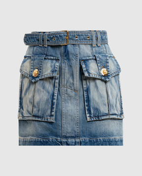 Balmain Blue denim mini skirt with a frayed effect FF1LBA88DF79