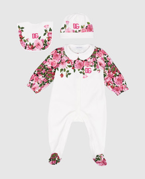 Dolce&Gabbana Children's set of overalls, hat and bib in a floral print L2JO2YII7E8