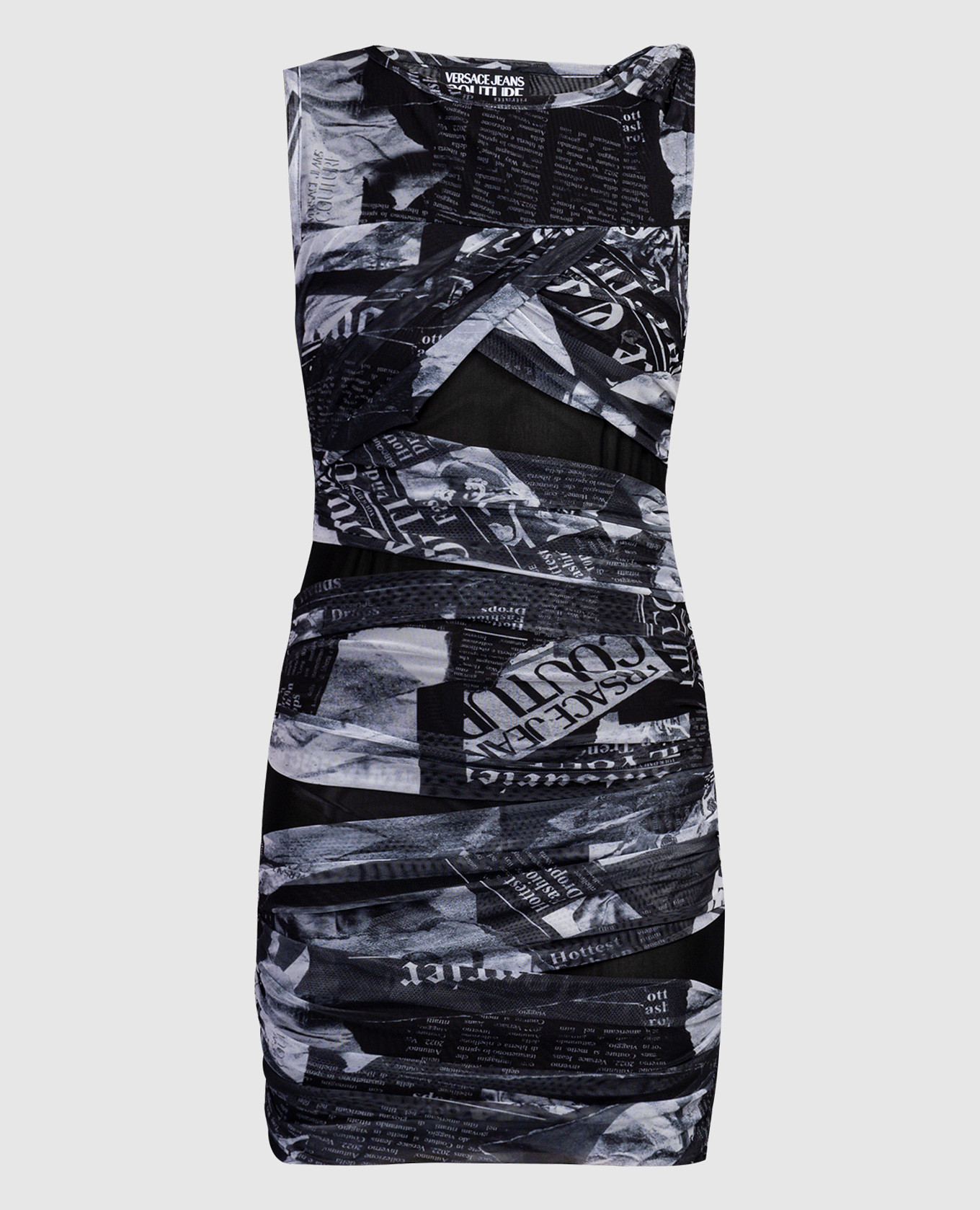 

Black dress in Magazine print with drape Versace Jeans Couture