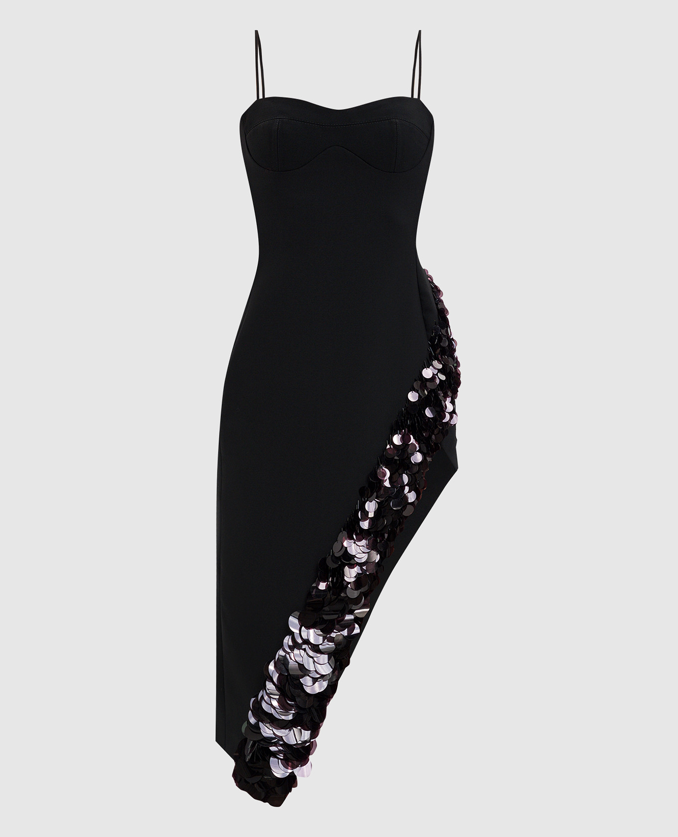 Black wool dress with asymmetric cut and sequins