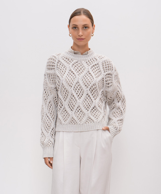 Brunello Cucinelli - Gray openwork cashmere sweater with sequins