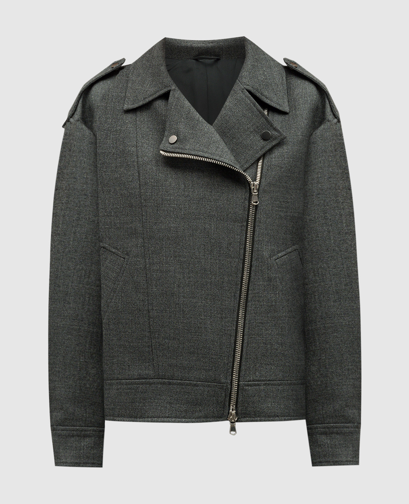A gray wool jacket in the style of a cowhide with a monil chain brunello cucinelli