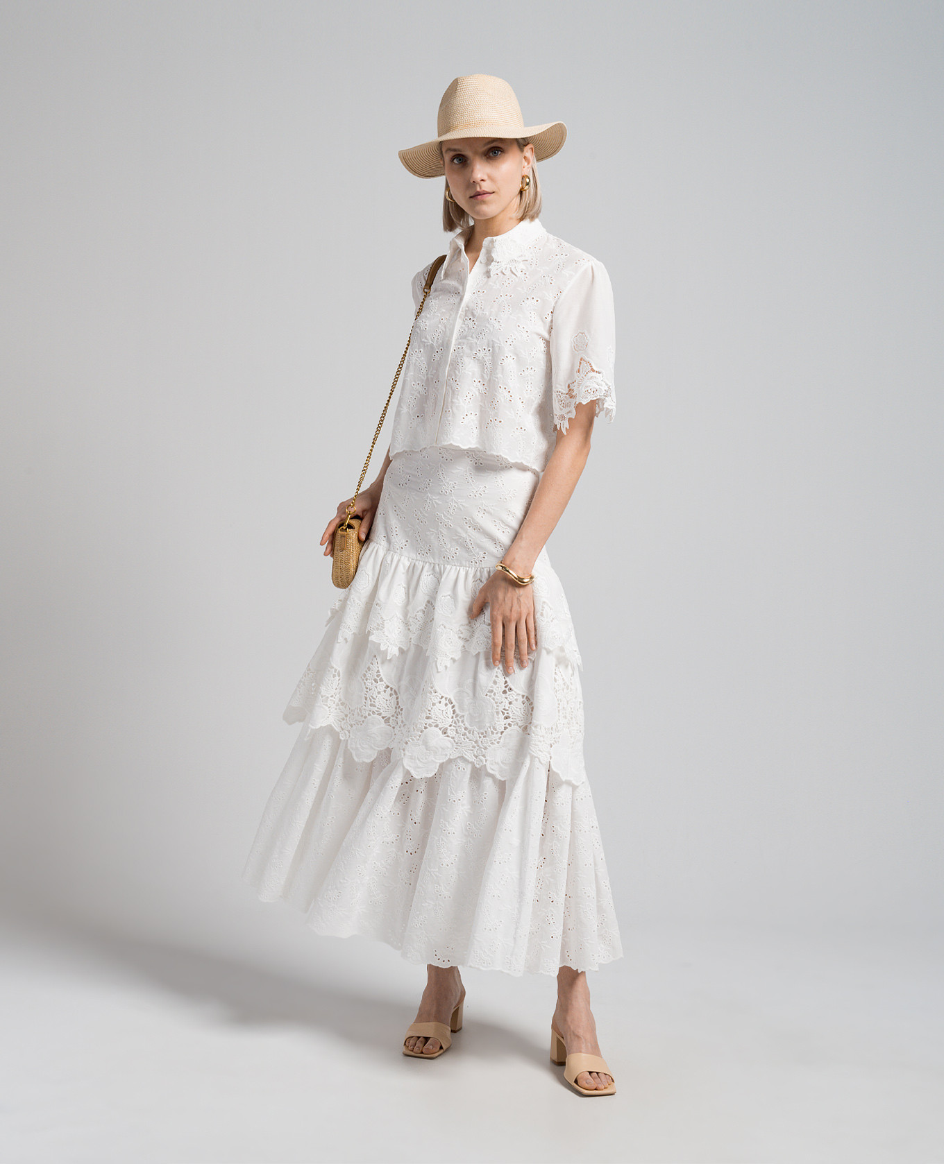 

White BELLI maxi skirt in broderie embroidery with frills Max & Co