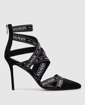 Balmain Black suede sandals with branded ribbons EN1UH092TKWB
