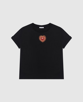 Dolce&Gabbana Children's black t-shirt with an appliqué with beads L5JTOPG7N7V46