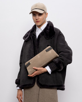 Brunello Cucinelli Beige suede clutch Pouch Essence with monil chain MBDLD2746P