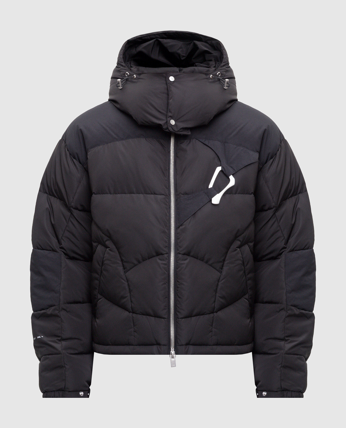 Black down jacket abstract with figured quilting and logo heliot emil