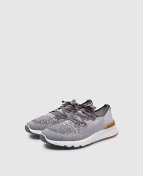 Brunello Cucinelli Gray sneakers with leather inserts with a textured logo MZUKISO250