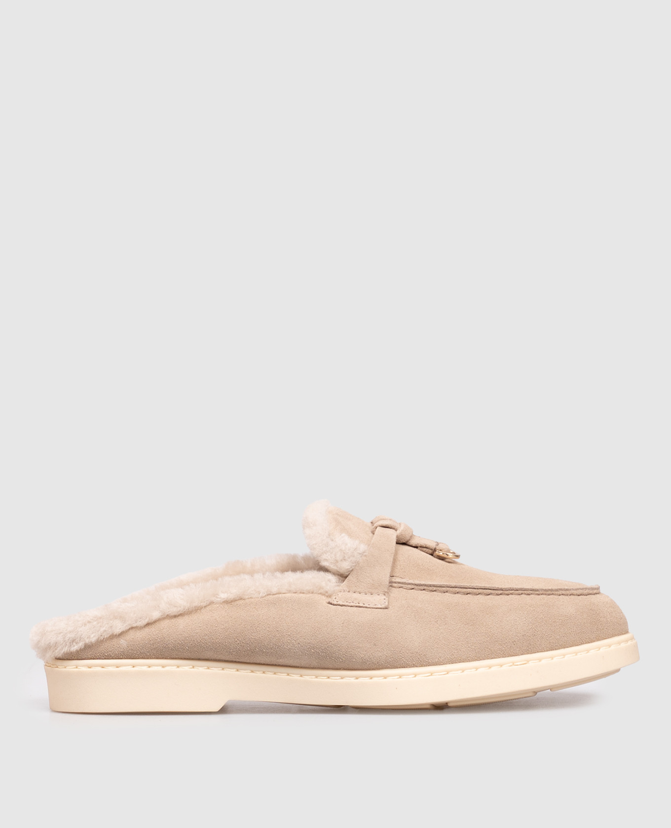 Beige suede mules with fur trim