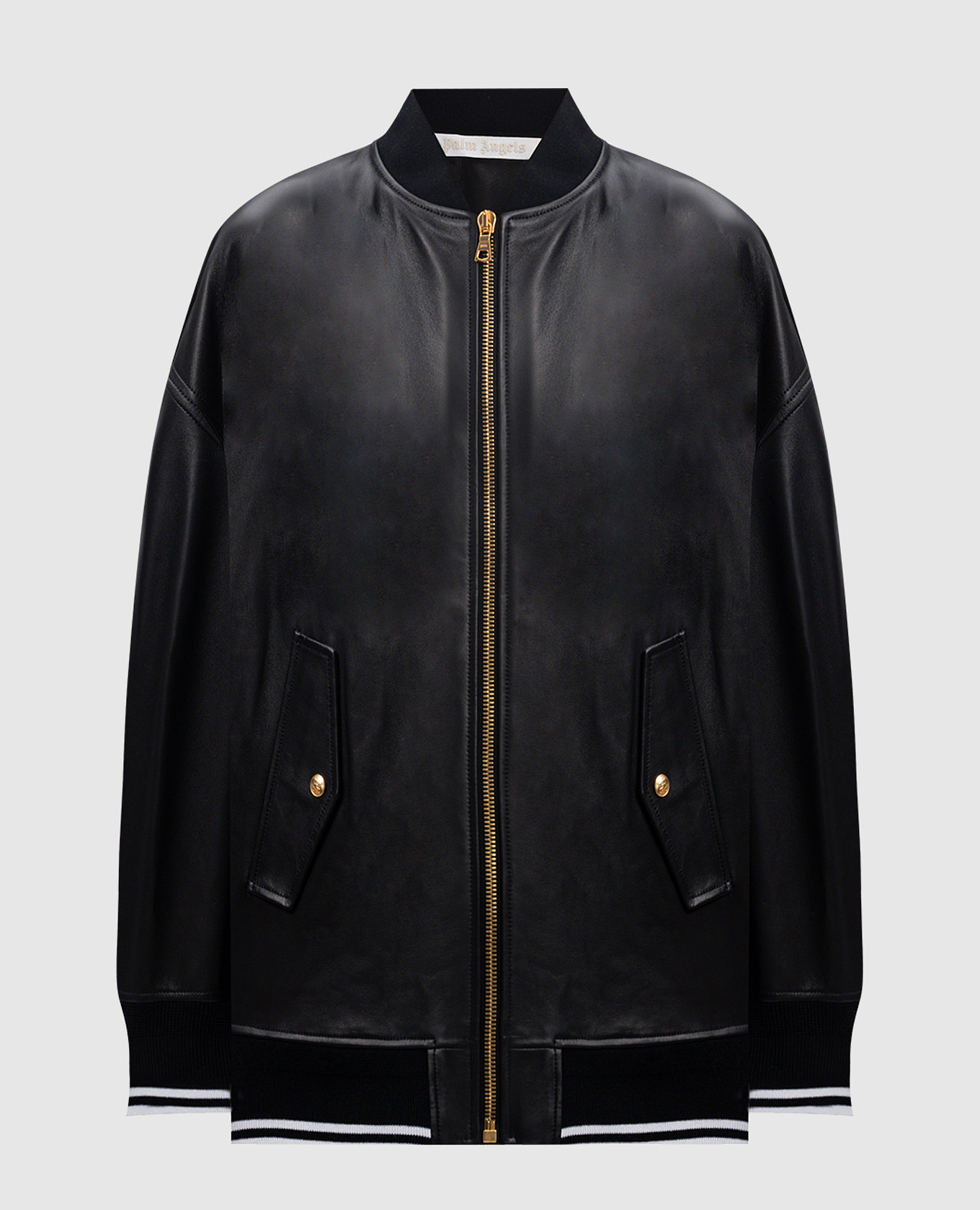 Black leather bomber jacket with logo print palm angels
