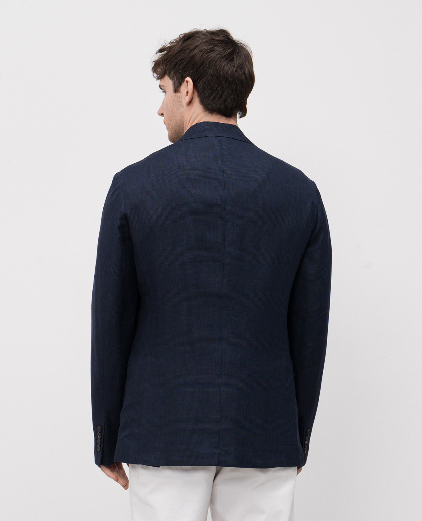 

Blue double-breasted checked wool, linen and silk jacket Peserico