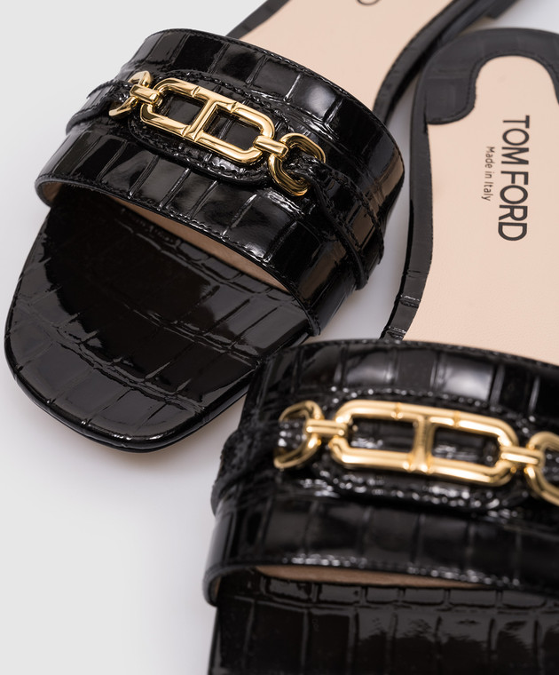 TOMFORD エンホスフラットサンタル W3526LGO052G 1B087 Tom Ford - Black leather flip flops with crocodile embossing
