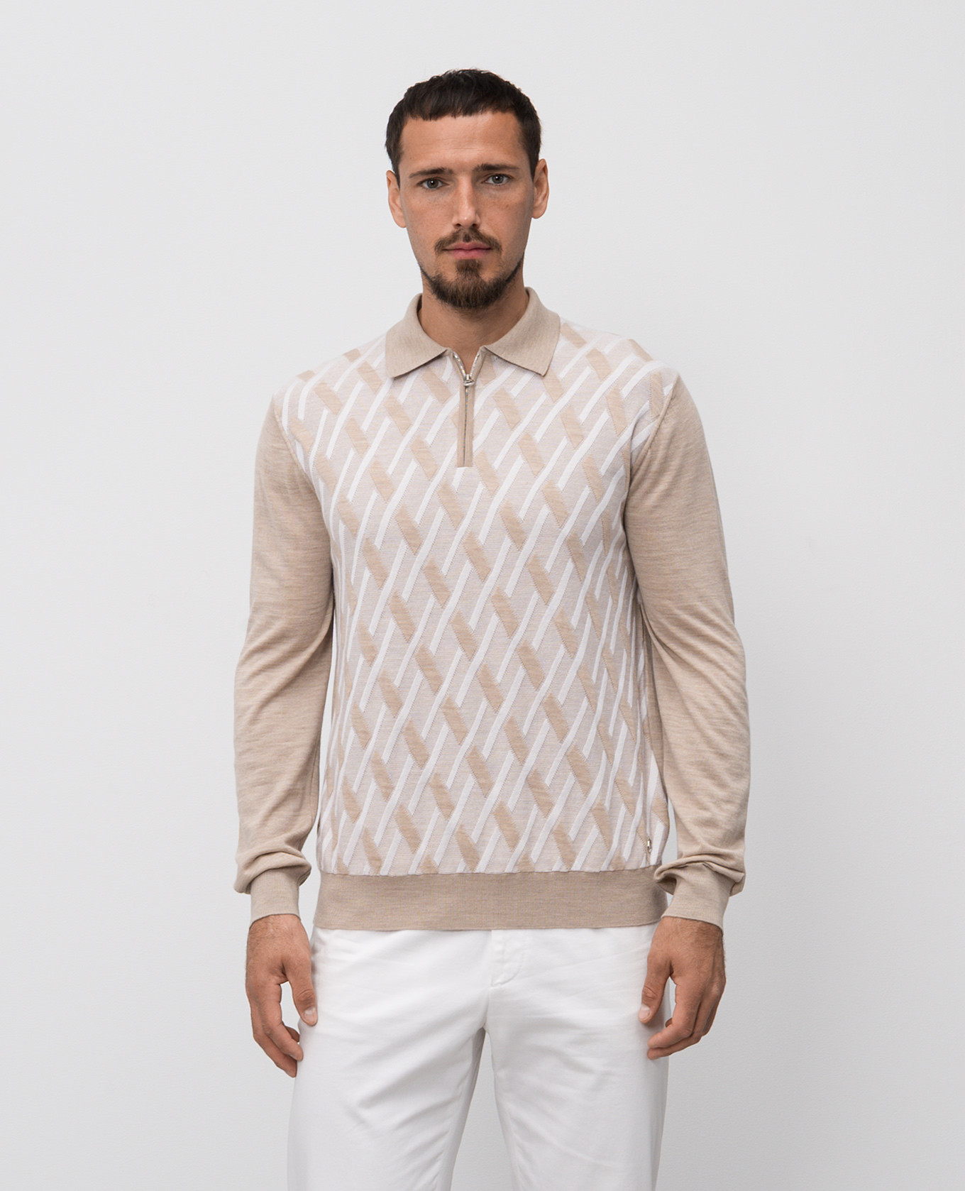 

Beige wool, cashmere and silk polo shirt with geometric pattern Stefano Ricci