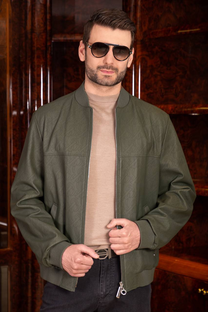 

Green leather bomber jacket with monogram logo Stefano Ricci