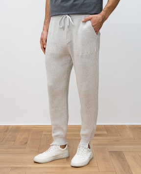 Brunello Cucinelli Grey ribbed joggers with embroidered logo emblem M29201019G