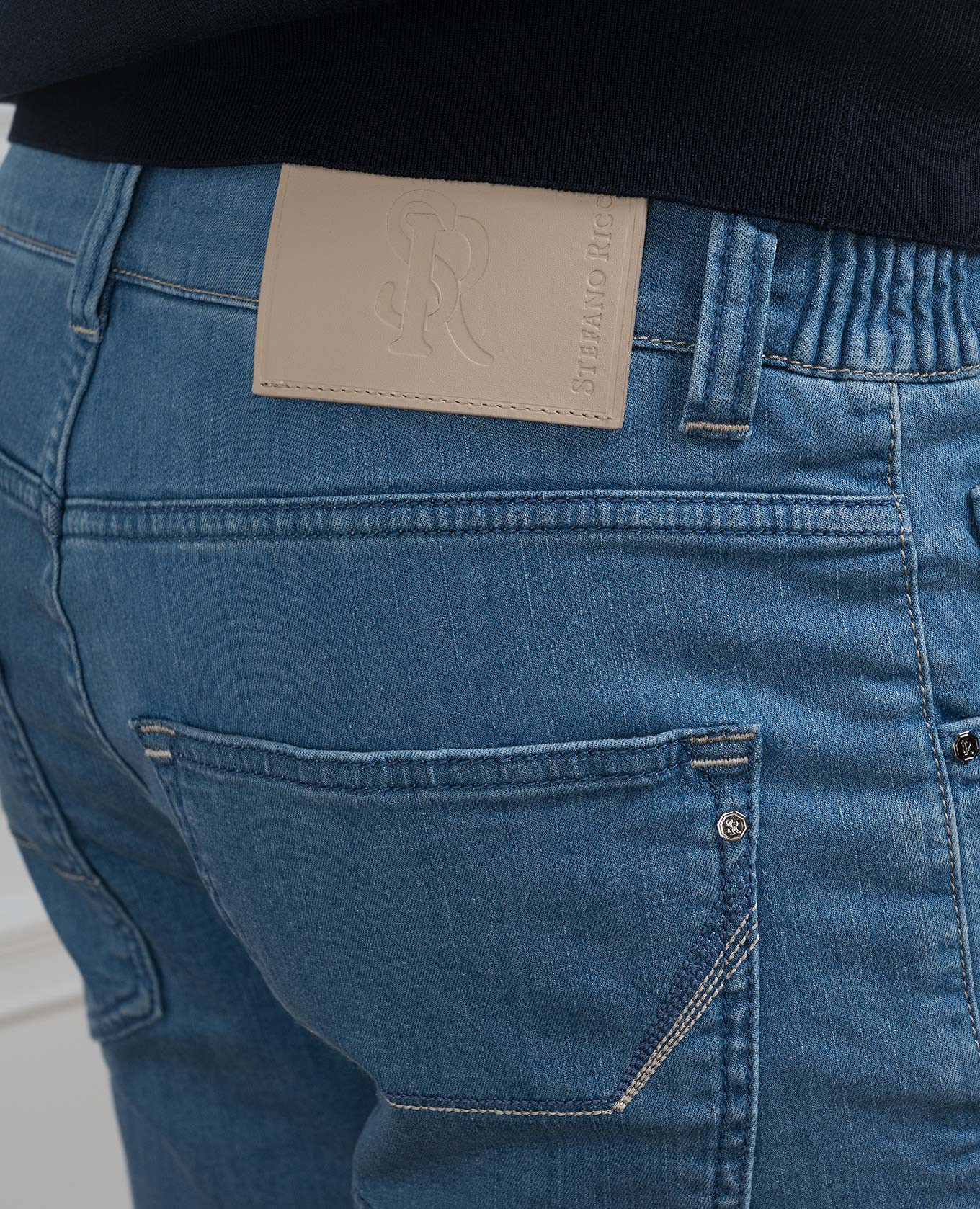 Blue jeans with leather logo patch Stefano Ricci 5