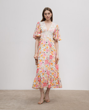 byTimo Beige dress with linen in a floral print with lace 2420575