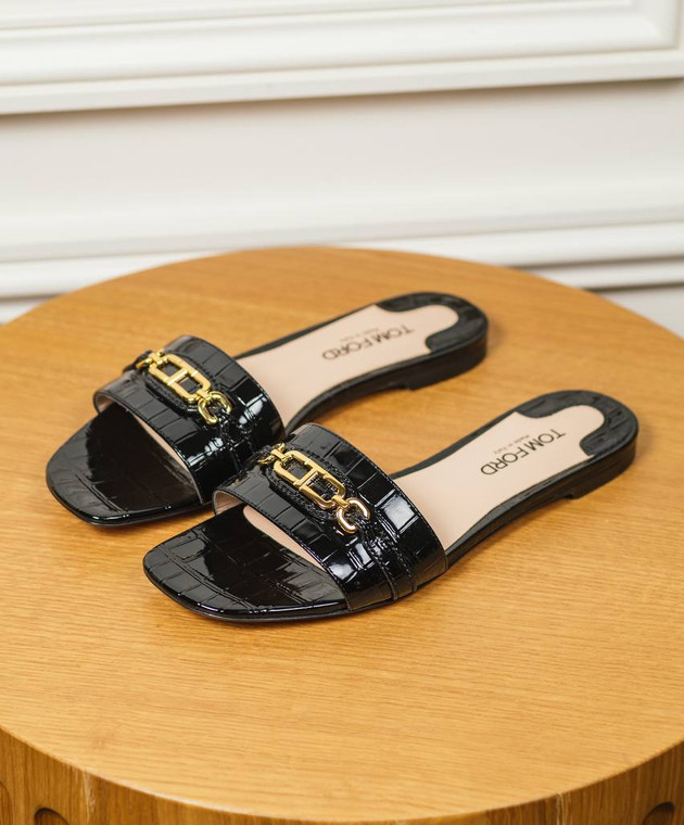 TOMFORD エンホスフラットサンタル W3526LGO052G 1B087 Tom Ford - Black leather flip flops with crocodile embossing