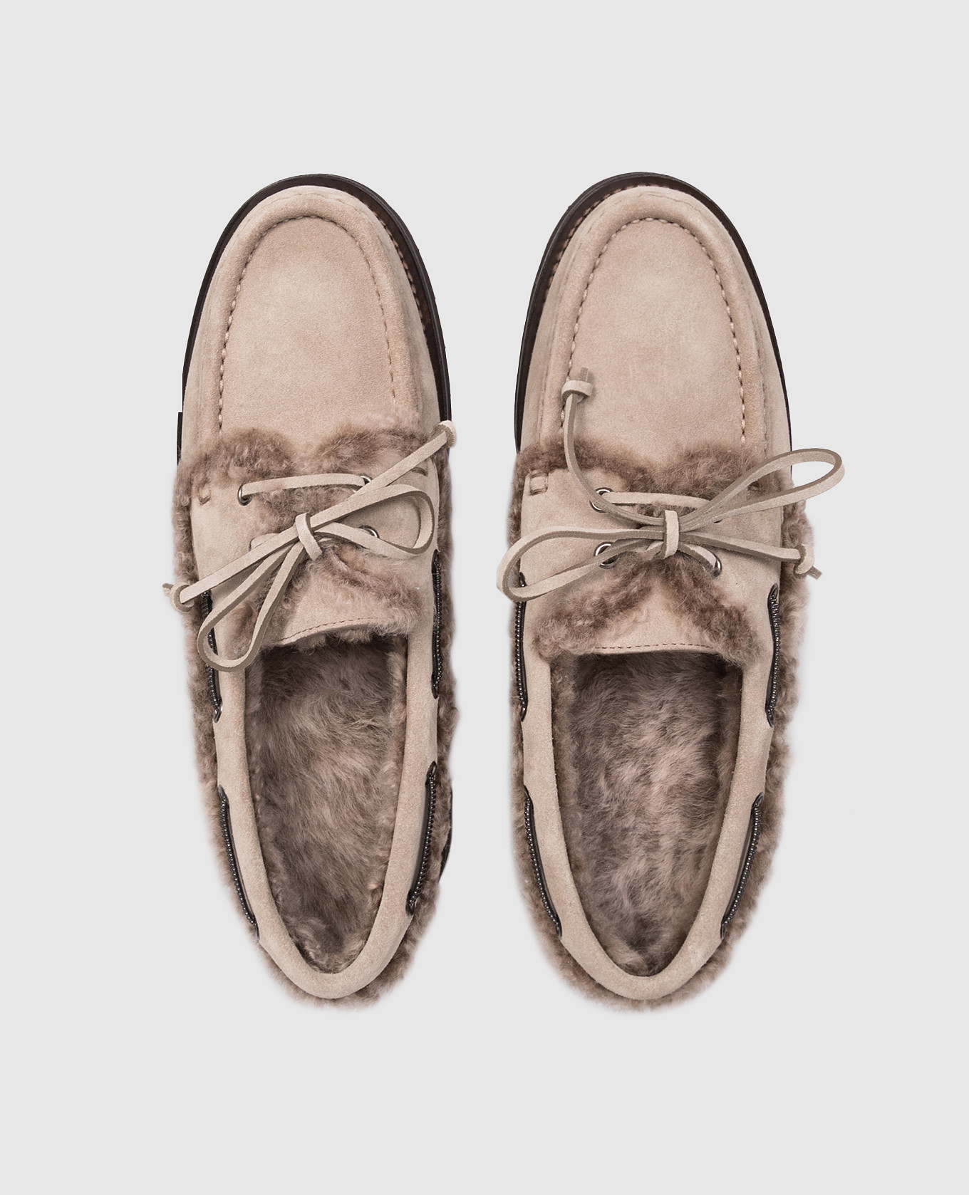 

Beige suede fur-trimmed topsiders Brunello Cucinelli