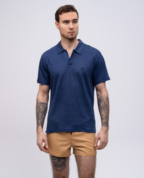 Vilebrequin Blue linen jersey polo with embroidered logo emblem PYRE9O00