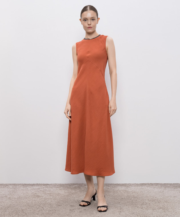 Brunello Cucinelli - Orange linen midi dress with monil chain MPH26AFR61 -  shop with Malta delivery at Symbol
