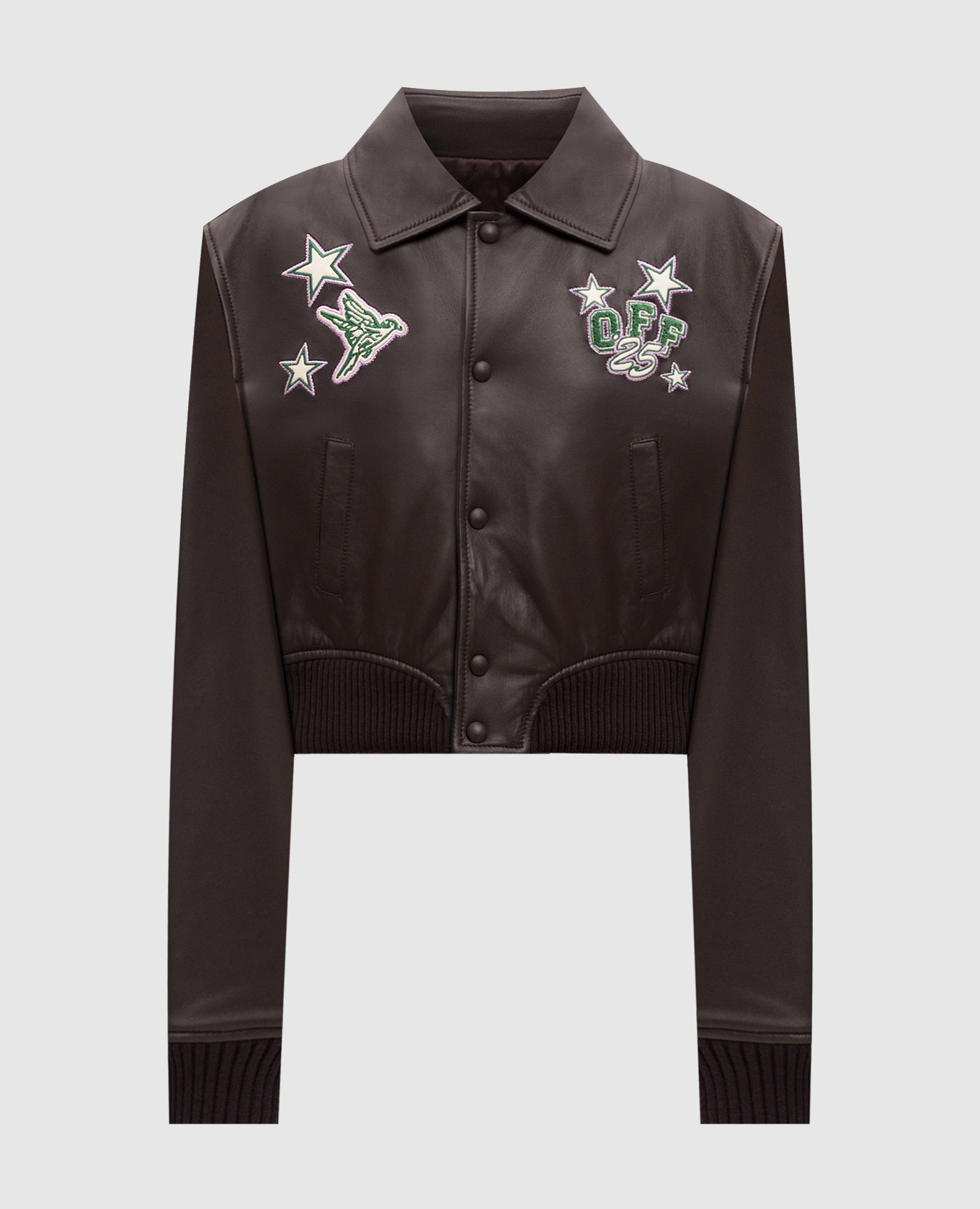 

Brown Leather Cropped Varsity Jacket Off-White