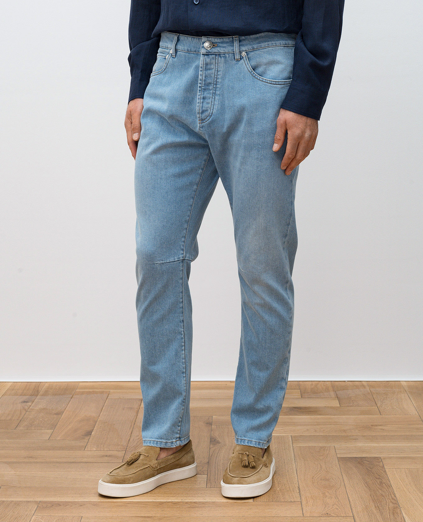 

Blue jeans with leather logo patch Brunello Cucinelli, Light blue
