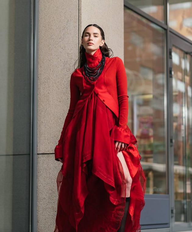 Marc Le Bihan - Red elongated jacket with silk with a reaper