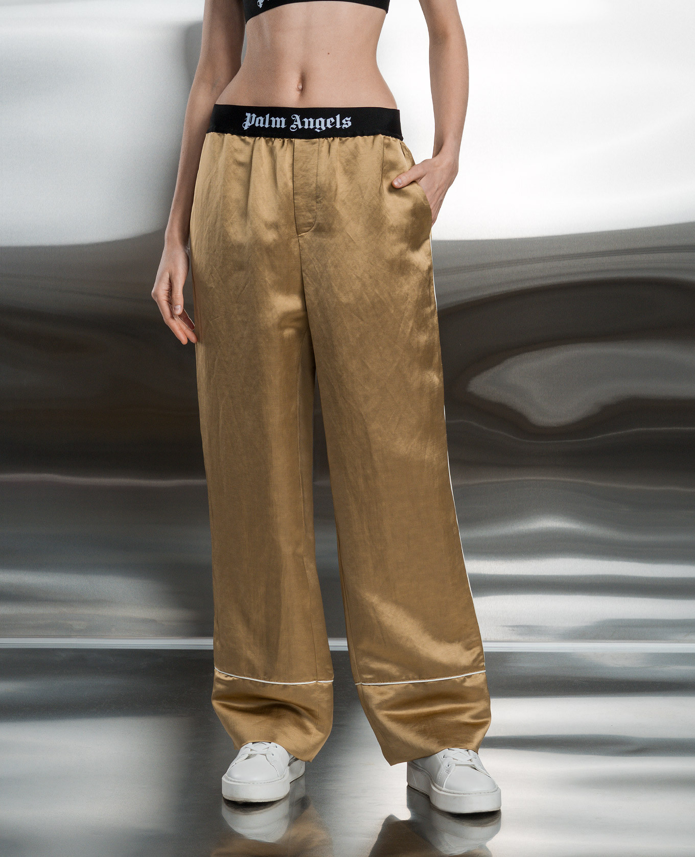 

Brown linen trousers with logo Palm Angels