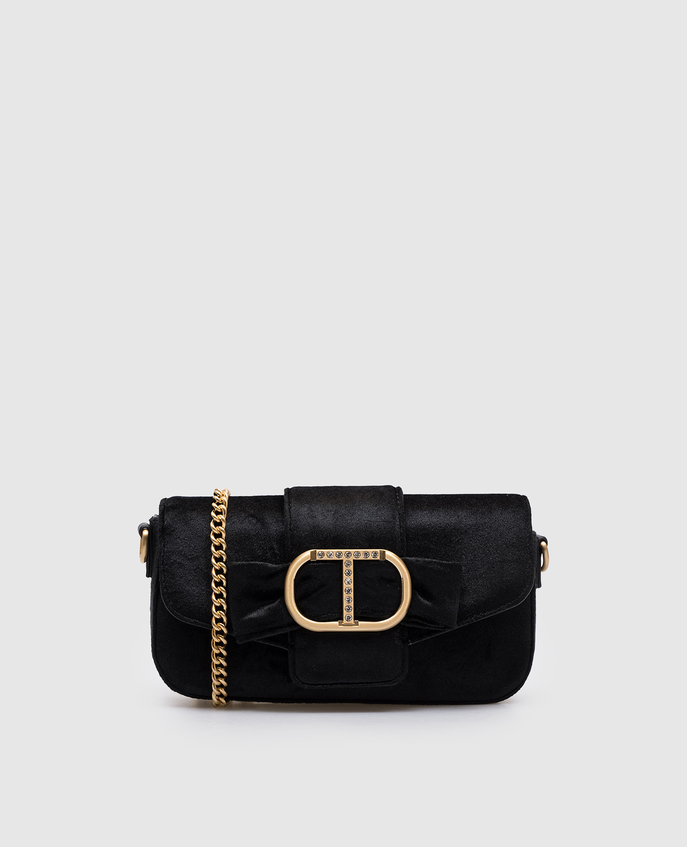 

Black velvet messenger bag with metallic Oval T logo and crystals Twinset