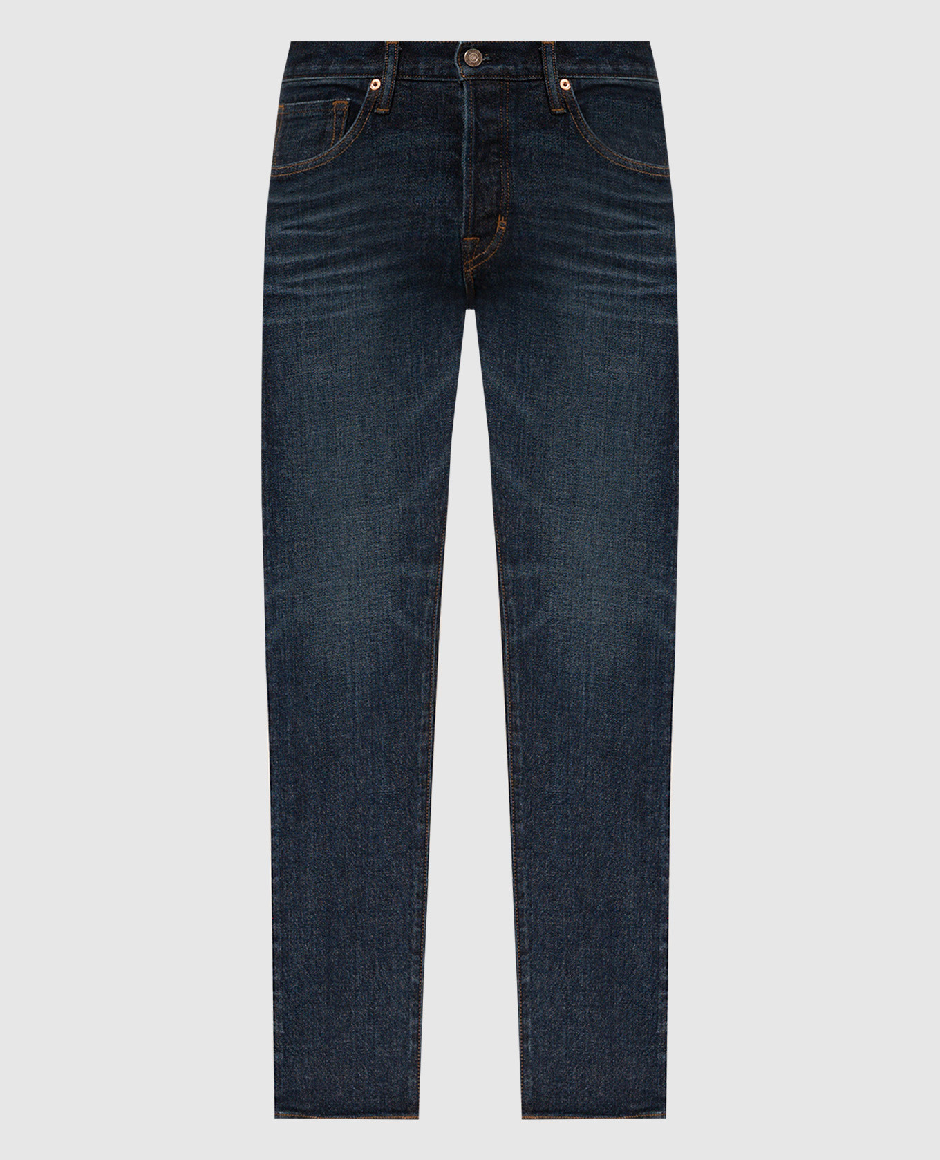 

Blue jeans with distressed leather logo patch Tom Ford