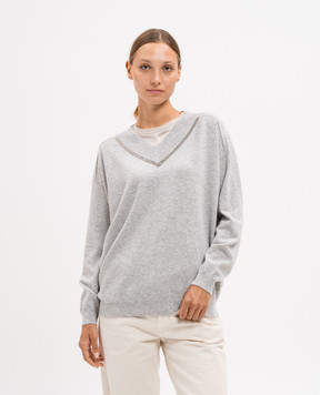 Brunello Cucinelli Gray cashmere pullover with monil chain M12167902P