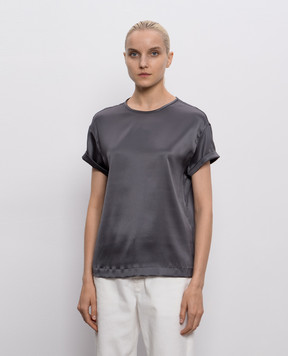 Brunello Cucinelli Gray silk top with monil chain MPC59DE310