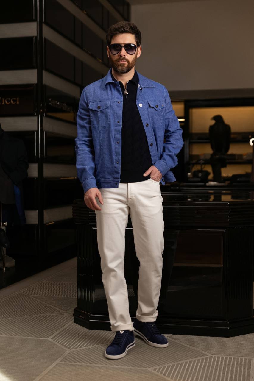

Blue linen shirt with leather logo patch Stefano Ricci