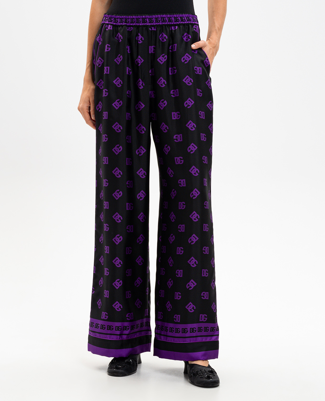 Black silk trousers with monogram logo pattern Dolce&Gabbana 2