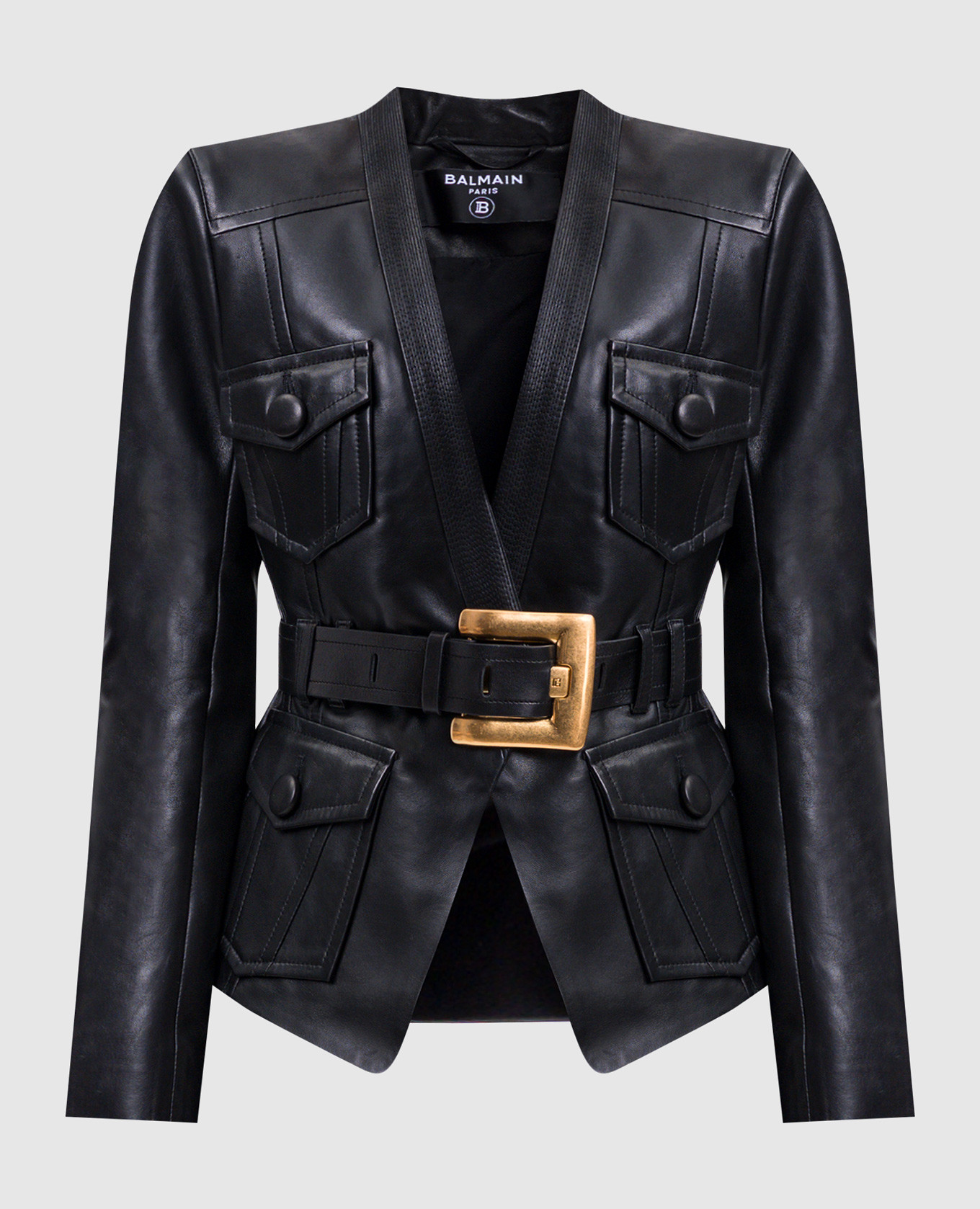

Black leather jacket with belt Balmain
