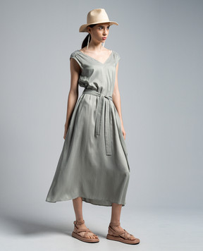 Peserico Green linen striped dress with monil chain S0220801176