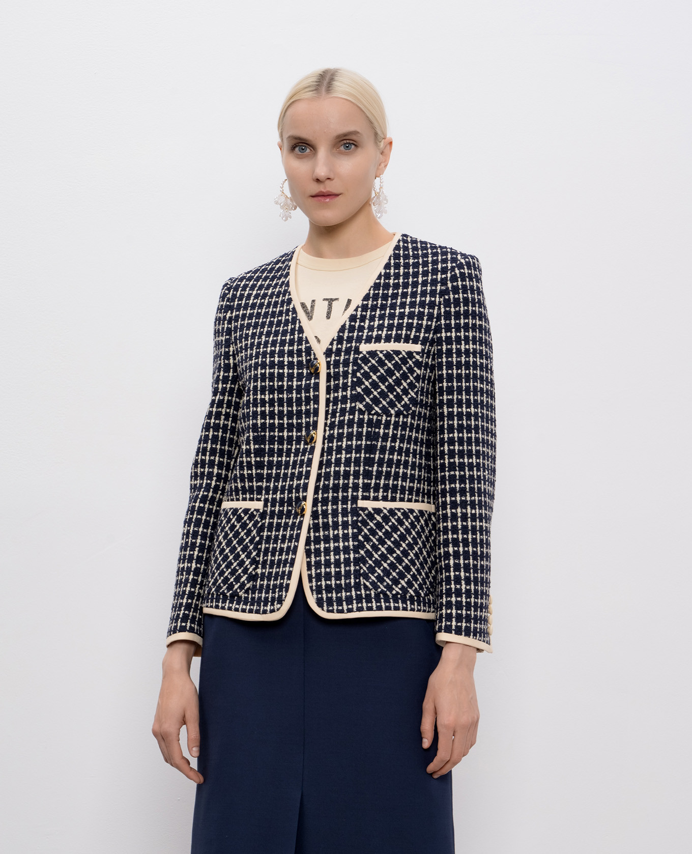 

Blue tweed jacket with checked wool Valentino
