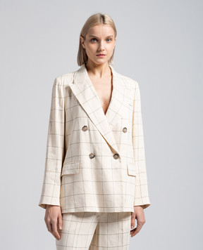Peserico Beige double-breasted check linen jacket with monil chain S01428U00664