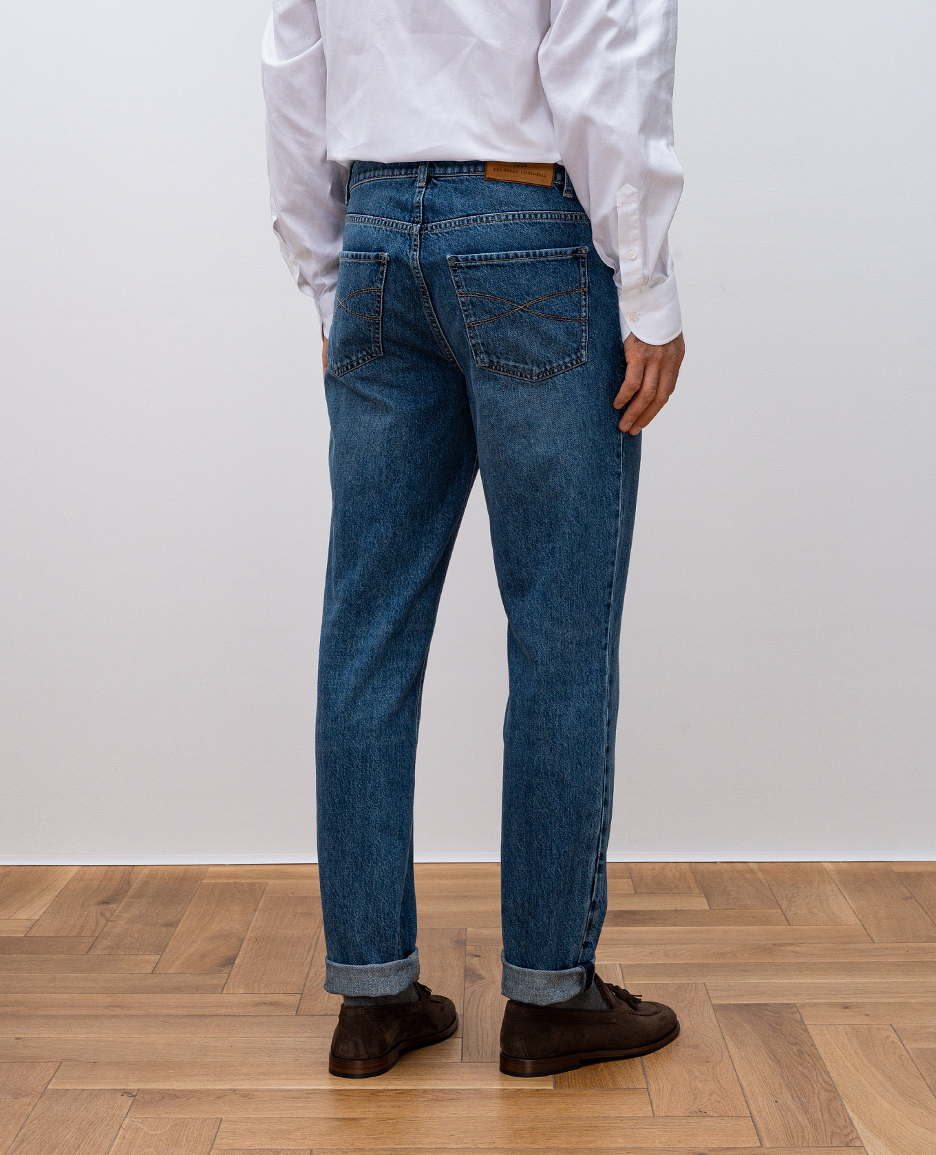 

Blue jeans with leather logo patch Brunello Cucinelli, Light blue