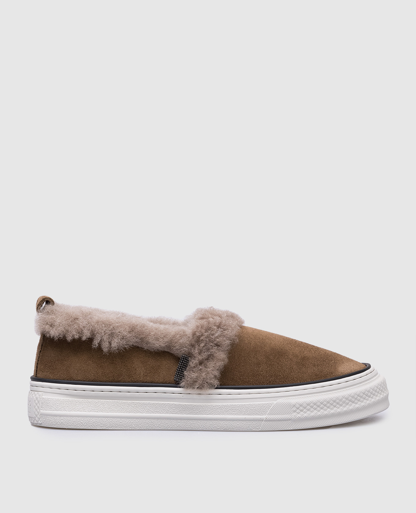 Brown suede slip-ons with fur brunello cucinelli