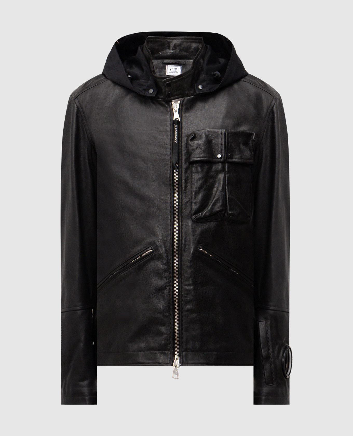 

Black leather jacket with logo patch C.P. Company