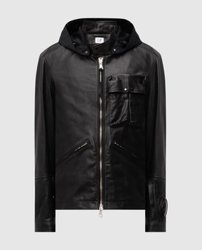 C.P. Company Black leather jacket with logo patch MOW297A110457L