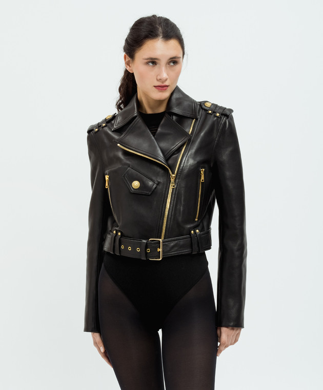 Balmain - Black leather jacket with branded rivets DF1TD205LC62