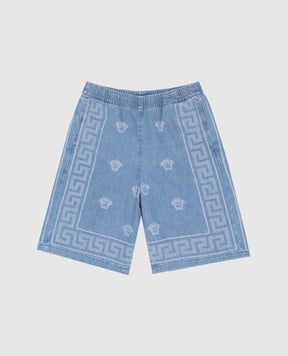 Versace Children's blue denim Bermuda shorts with Medusa Bandana print 10182661A13070
