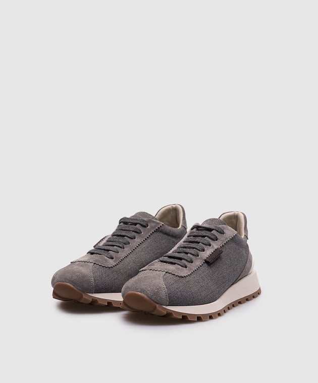 Brunello Cucinelli - Gray combination sneakers with a monil chain